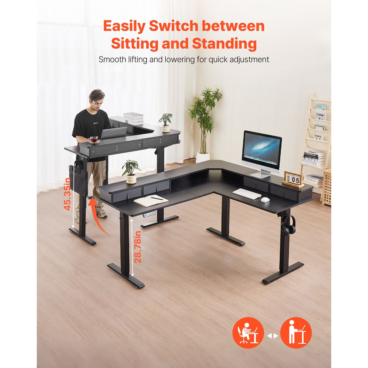 L Shaped Desk, Electric Adjustable Height Corner Gaming Desk with CPU Stands, Dual Hooks and Fabric Drawers, L-Shaped Computer Table with Power Strip for Home Office, Easy to Assemble, Black