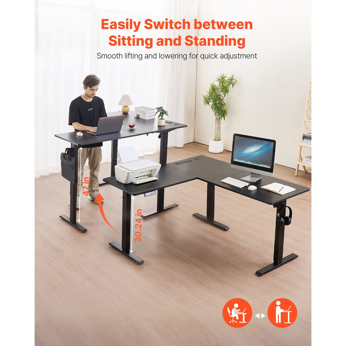 L Shaped Desk, Electric Adjustable Height Corner Gaming Desk with Dual Hooks and Wheels, Heavy Duty Carbon Steel L-Shaped Computer Table with Power Strip for Home Office, Easy to Assemble, Black