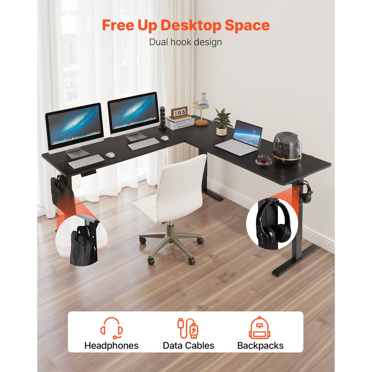 L Shaped Desk, Electric Adjustable Height Corner Gaming Desk with Dual Hooks, Heavy Duty Carbon Steel L-Shaped Computer Table with Power Outlets for Home, Office, Study, Easy to Assemble, Black