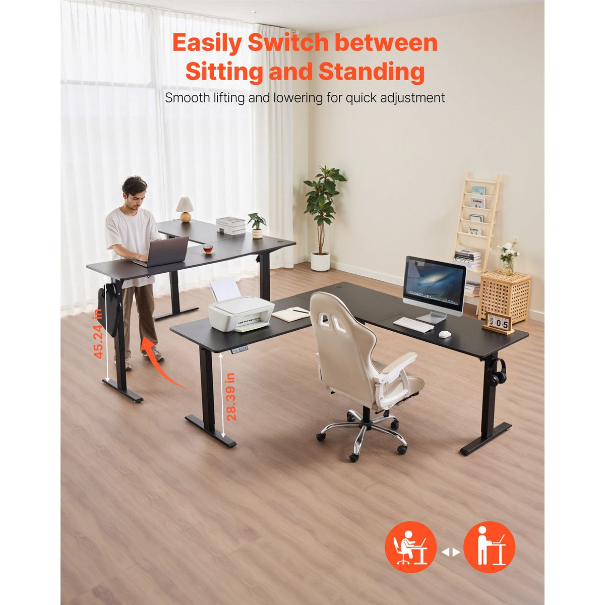 L Shaped Desk, Electric Adjustable Height Corner Gaming Desk with Dual Hooks, Heavy Duty Carbon Steel L-Shaped Computer Table with Power Outlets for Home, Office, Study, Easy to Assemble, Black
