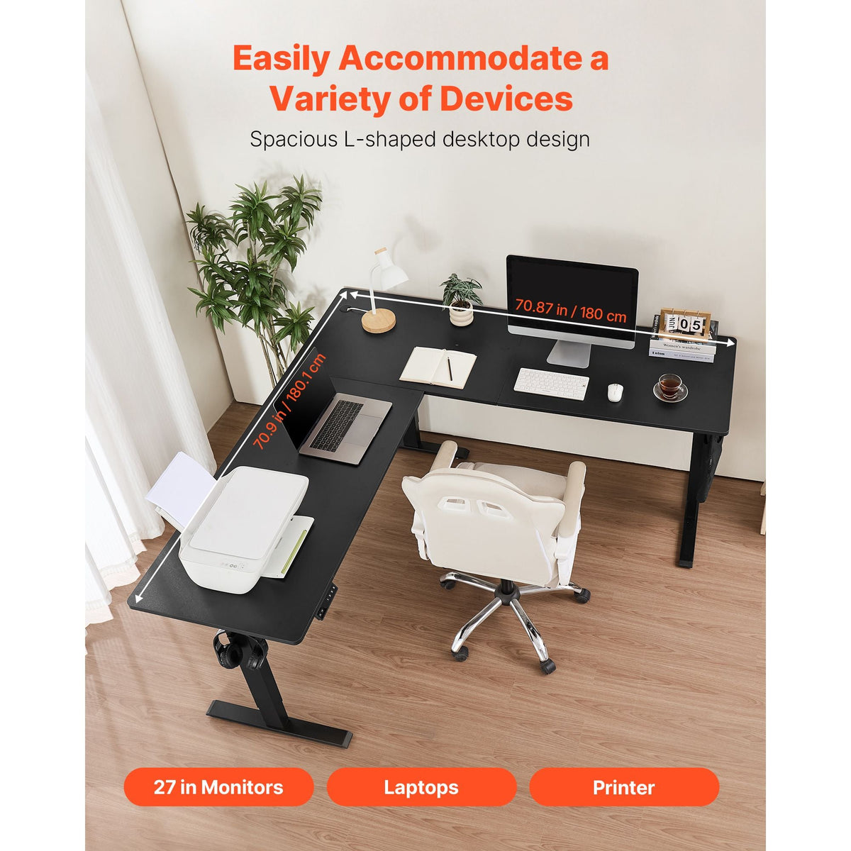 L Shaped Desk, Electric Adjustable Height Corner Gaming Desk with Dual Hooks, Heavy Duty Carbon Steel L-Shaped Computer Table with Power Outlets for Home, Office, Study, Easy to Assemble, Black