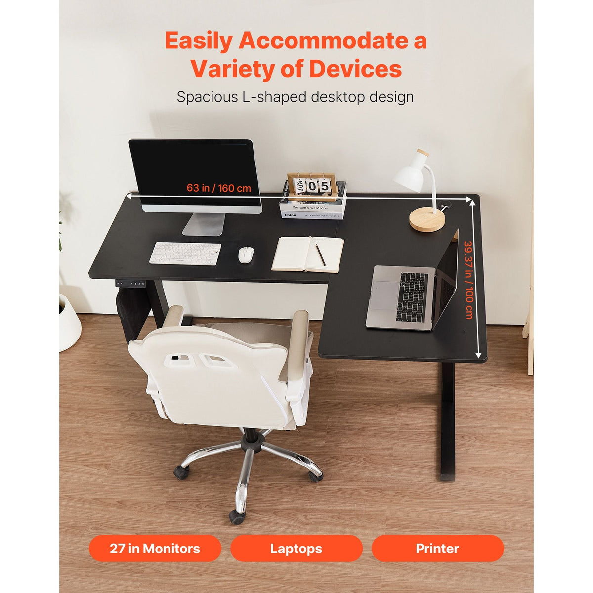L Shaped Desk, Electric Adjustable Height Corner Gaming Desk with Dual Hooks, Heavy Duty Carbon Steel L-Shaped Computer Table with Power Strip for Home, Office, Dorm, Easy to Assemble, Black