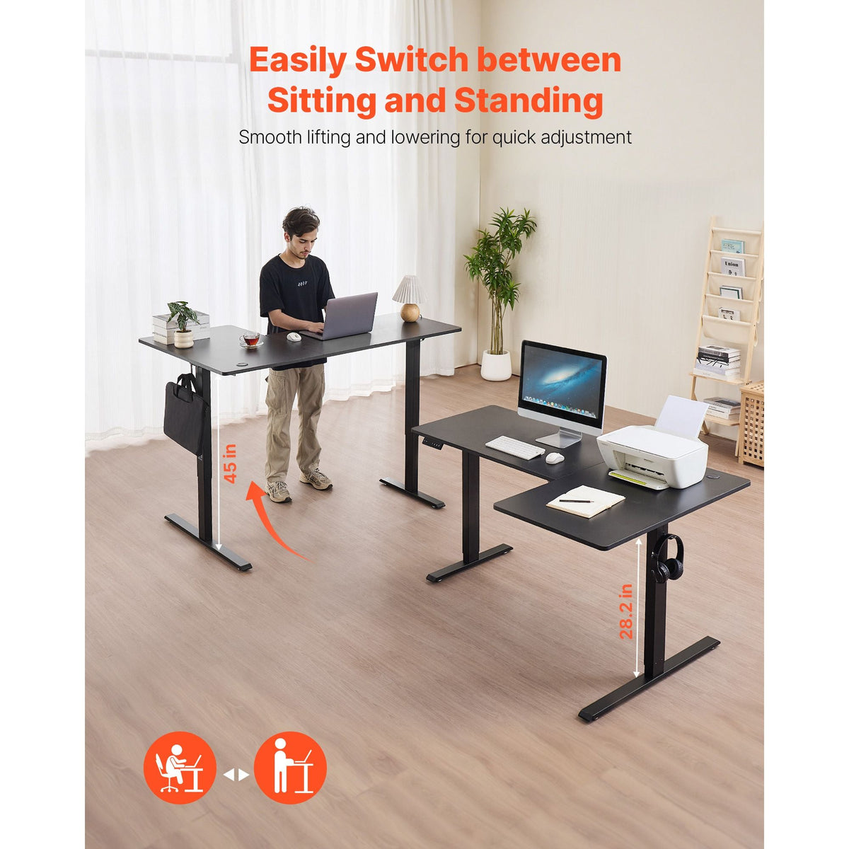 L Shaped Desk, Electric Adjustable Height Corner Gaming Desk with Dual Hooks, Heavy Duty Carbon Steel L-Shaped Computer Table with Power Strip for Home, Office, Dorm, Easy to Assemble, Black