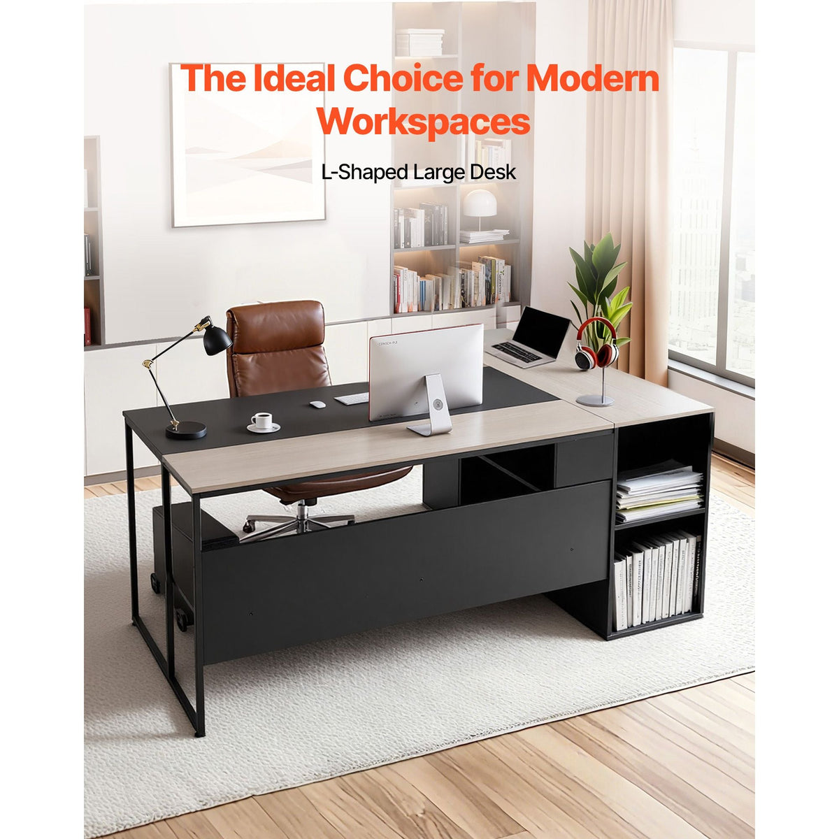 L-Shaped Executive Desk, Large Modern Office Table with Drawers & Storage Cabinet, Heavy Duty Wooden Executive Table with CPU Stand, 350 LBS Load Capacity, Easy Assembly, for Work Study Writing