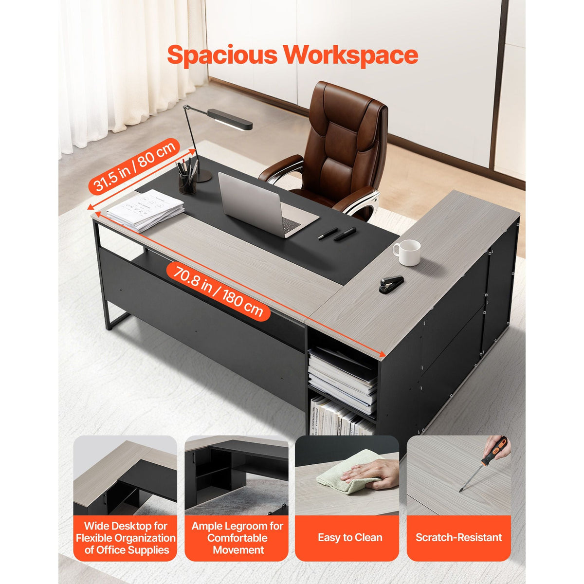 L-Shaped Executive Desk, Large Modern Office Table with Drawers & Storage Cabinet, Heavy Duty Wooden Executive Table with CPU Stand, 350 LBS Load Capacity, Easy Assembly, for Work Study Writing