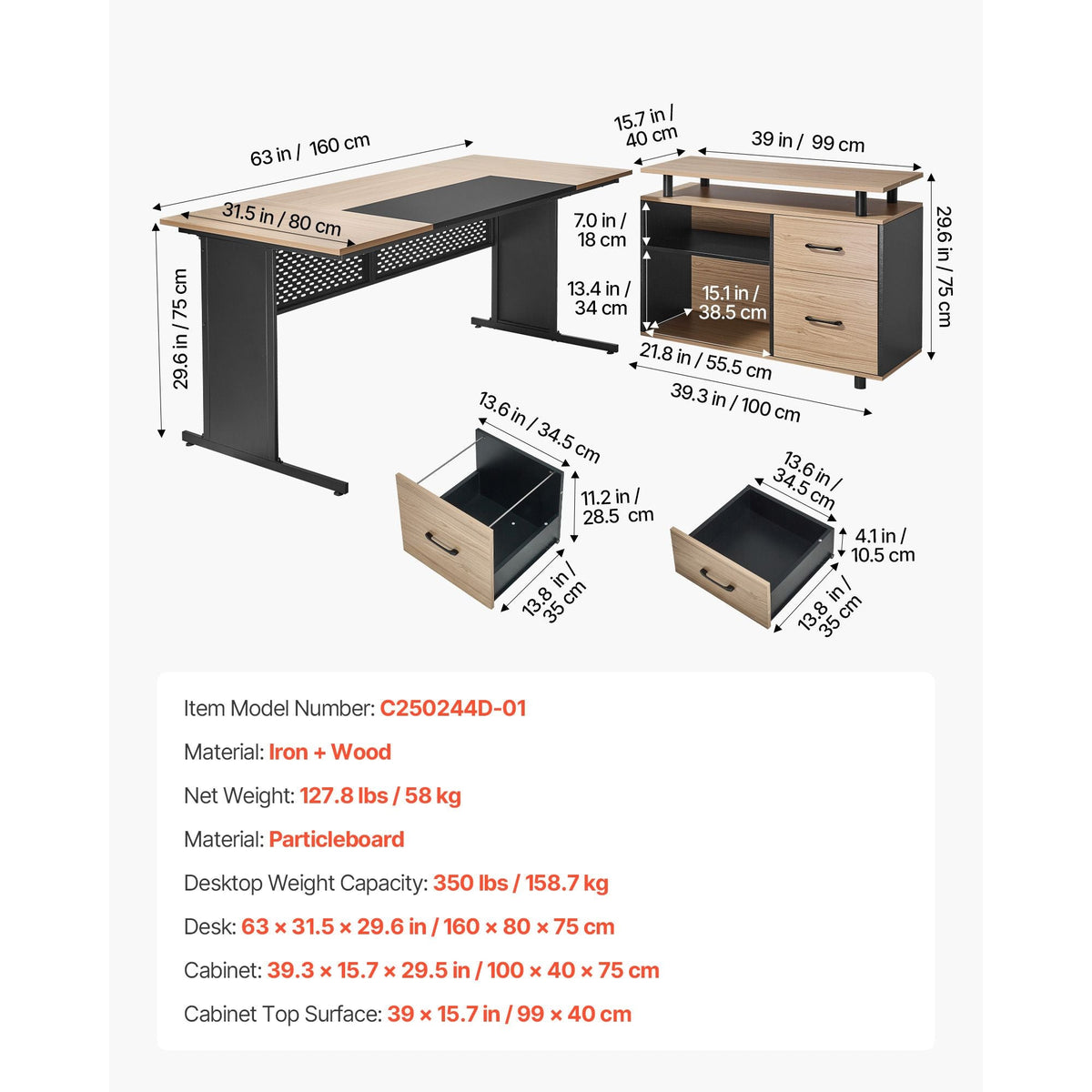 L-Shaped Executive Desk, Modern Reversible Office Table with Drawers & Storage Cabinet, Heavy Duty Large Wooden Executive Table, 350 LBS Load Capacity, Easy Assembly, for Work Study Writing