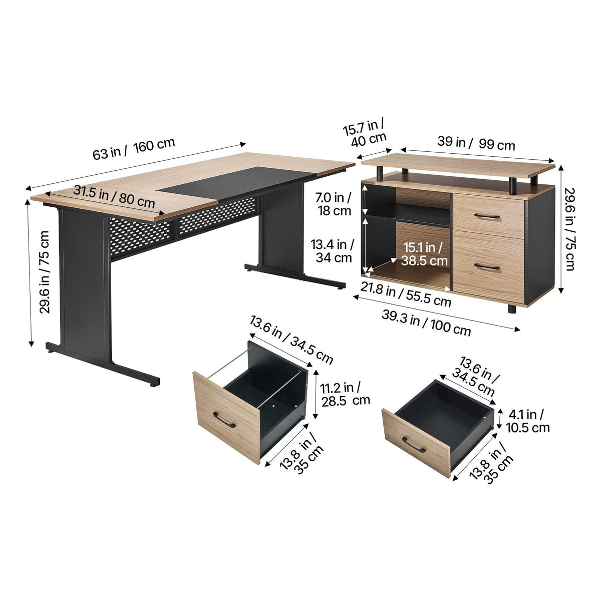 L-Shaped Executive Desk, Modern Reversible Office Table with Drawers & Storage Cabinet, Heavy Duty Large Wooden Executive Table, 350 LBS Load Capacity, Easy Assembly, for Work Study Writing