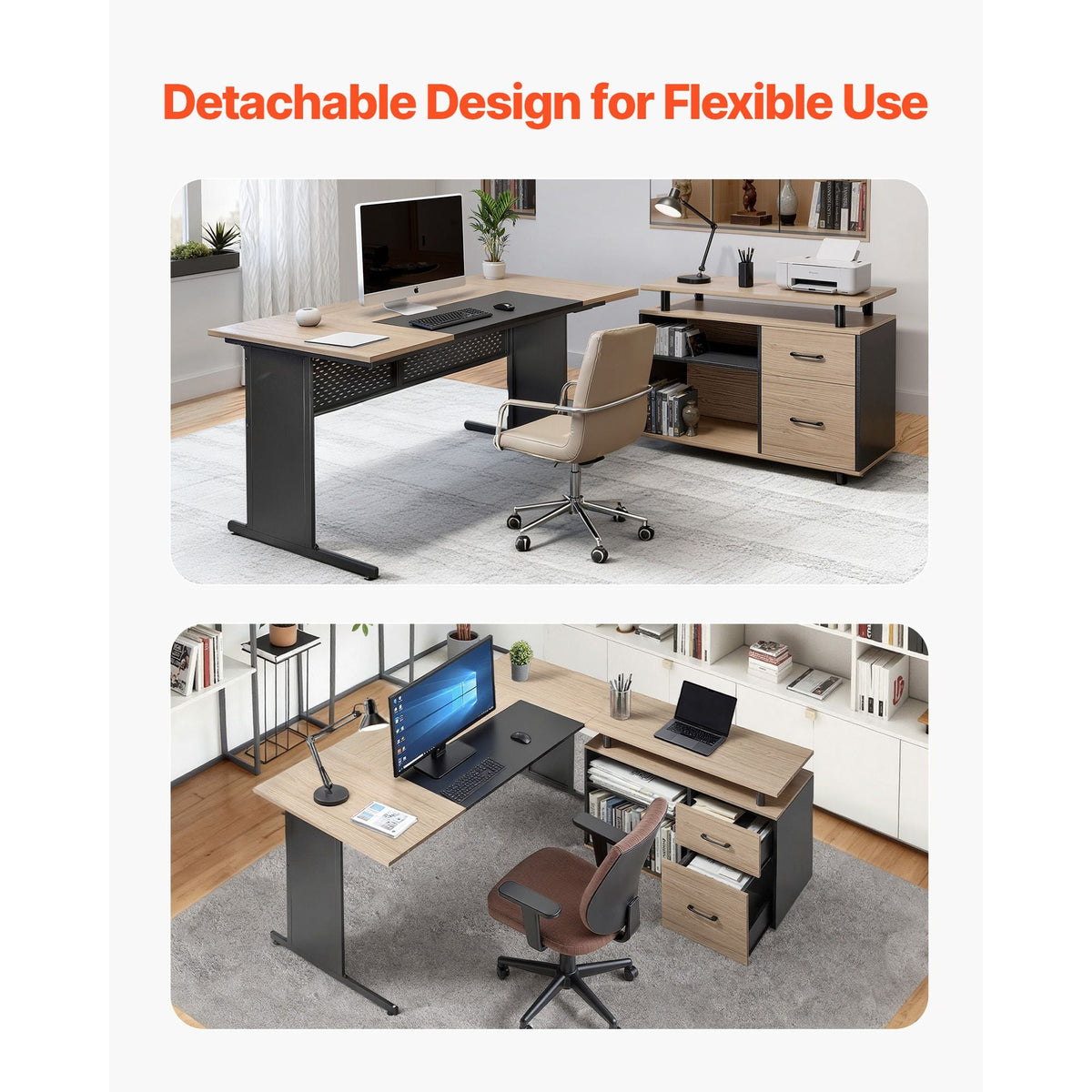 L-Shaped Executive Desk, Modern Reversible Office Table with Drawers & Storage Cabinet, Heavy Duty Large Wooden Executive Table, 350 LBS Load Capacity, Easy Assembly, for Work Study Writing