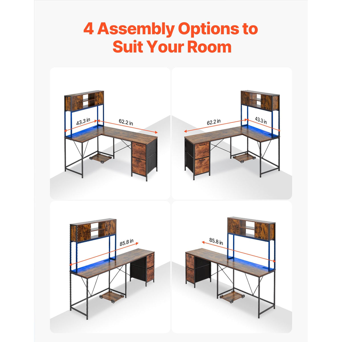 L-Shaped Gaming Desk with LED Lights, 62.2-inch Reversible Corner Computer Desk with Power Outlets, Movable CPU Stand & Storage Drawers, Modern Stylish PC Gaming Table for Home Office
