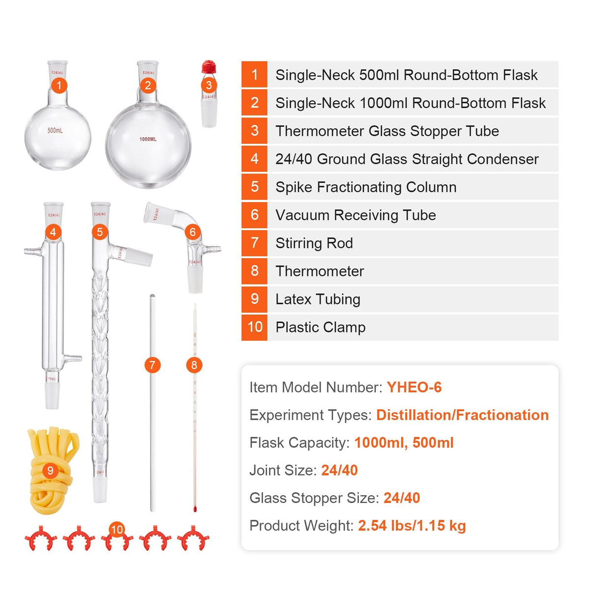 Lab Distillation Kit, 3.3 Boro Lab Glassware Distillation Kit with 24, 40 Joint, 1000ml Essential Oil Distillation Apparatus Kit, 14 pcs Set of Glassware Equipment