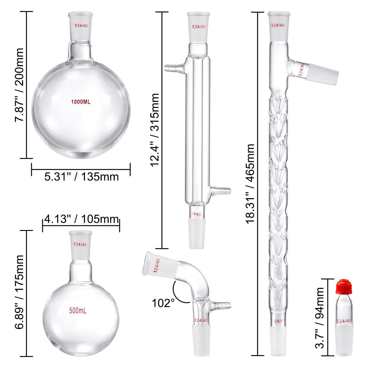 Lab Distillation Kit, 3.3 Boro Lab Glassware Distillation Kit with 24, 40 Joint, 1000ml Essential Oil Distillation Apparatus Kit, 14 pcs Set of Glassware Equipment