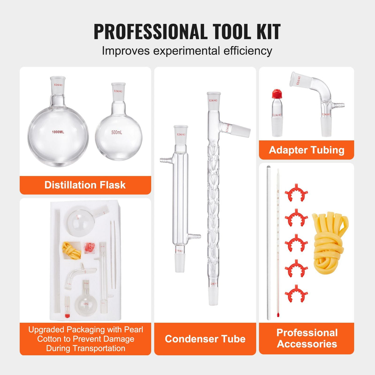 Lab Distillation Kit, 3.3 Boro Lab Glassware Distillation Kit with 24, 40 Joint, 1000ml Essential Oil Distillation Apparatus Kit, 14 pcs Set of Glassware Equipment