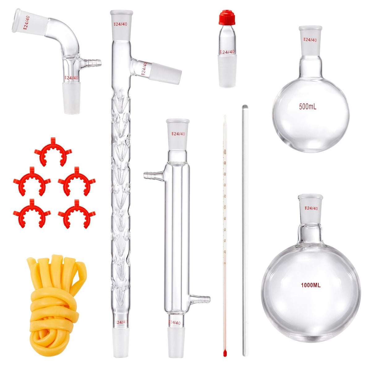 Lab Distillation Kit, 3.3 Boro Lab Glassware Distillation Kit with 24, 40 Joint, 1000ml Essential Oil Distillation Apparatus Kit, 14 pcs Set of Glassware Equipment