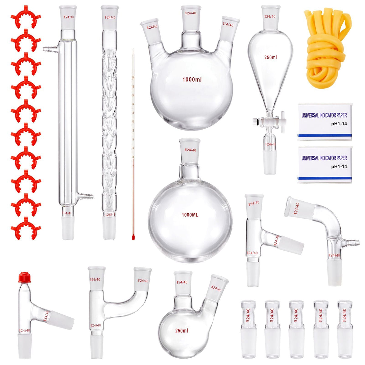 Lab Distillation Kit, 3.3 Boro Lab Glassware Distillation Kit with 24, 40 Joint, 1000ml Essential Oil Distillation Apparatus Kit, 29 pcs Set of Glassware Equipment