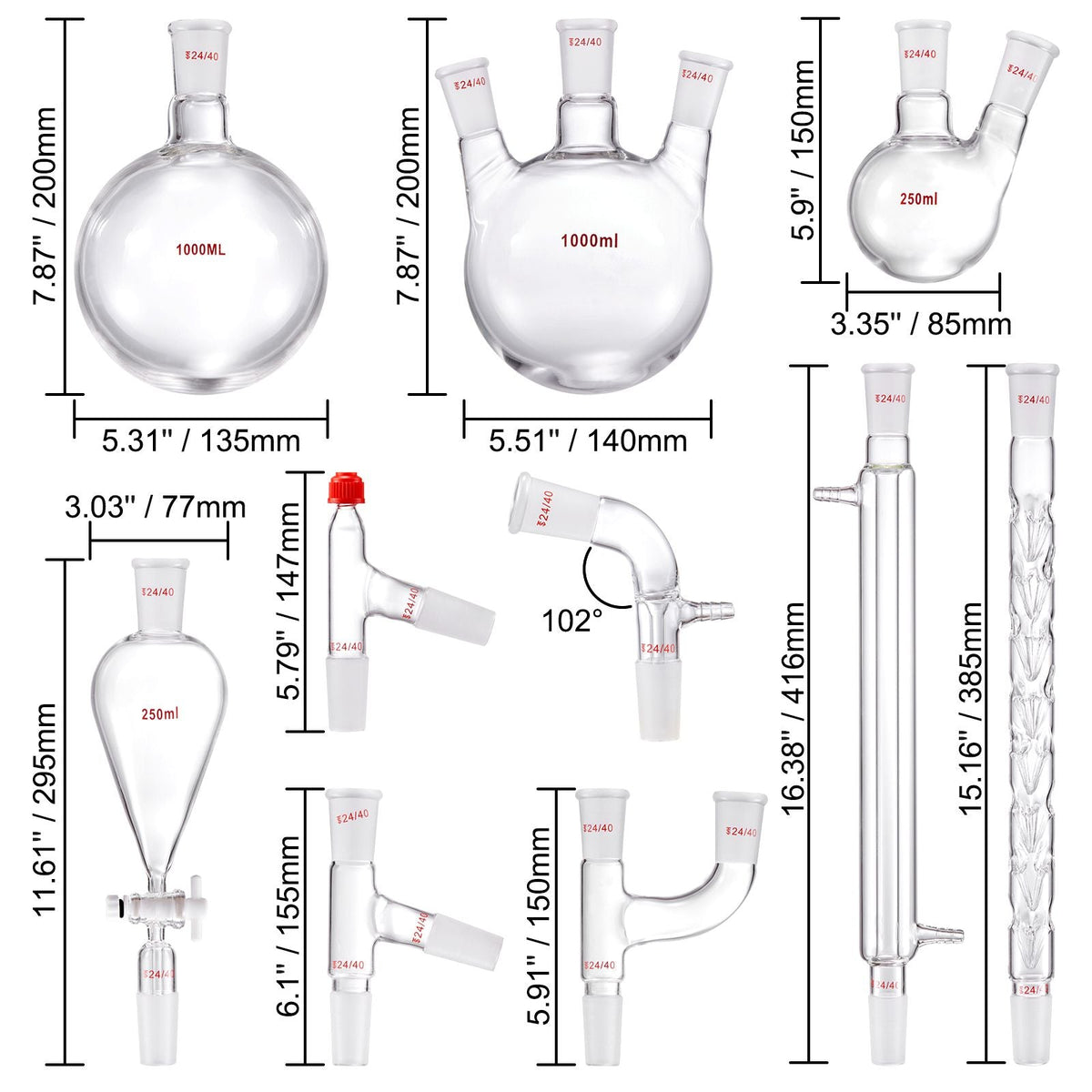 Lab Distillation Kit, 3.3 Boro Lab Glassware Distillation Kit with 24, 40 Joint, 1000ml Essential Oil Distillation Apparatus Kit, 29 pcs Set of Glassware Equipment