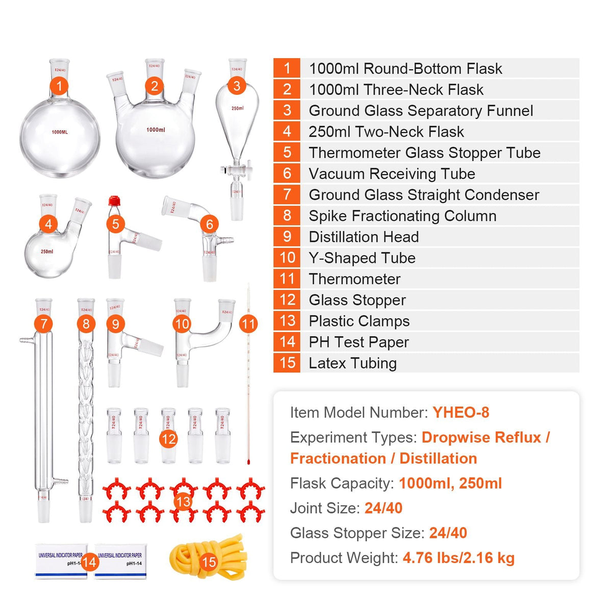 Lab Distillation Kit, 3.3 Boro Lab Glassware Distillation Kit with 24, 40 Joint, 1000ml Essential Oil Distillation Apparatus Kit, 29 pcs Set of Glassware Equipment