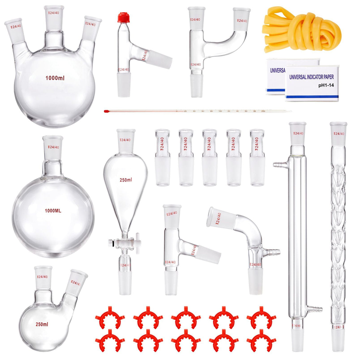Lab Distillation Kit, 3.3 Boro Lab Glassware Distillation Kit with 24, 40 Joint, 1000ml Essential Oil Distillation Apparatus Kit, 29 pcs Set of Glassware Equipment