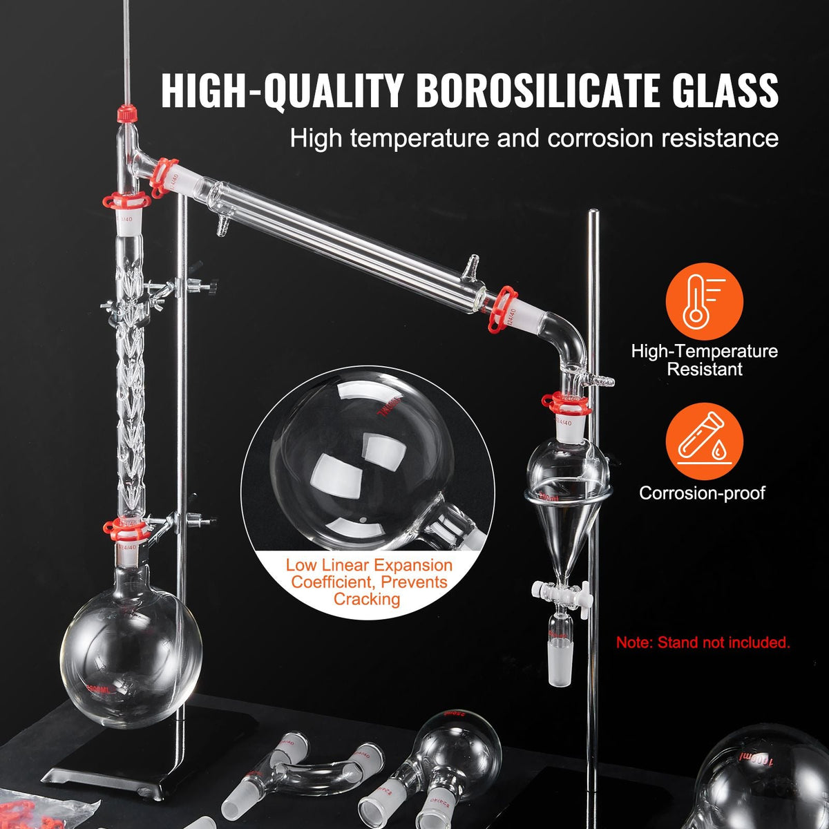 Lab Distillation Kit, 3.3 Boro Lab Glassware Distillation Kit with 24, 40 Joint, 1000ml Essential Oil Distillation Apparatus Kit, 29 pcs Set of Glassware Equipment