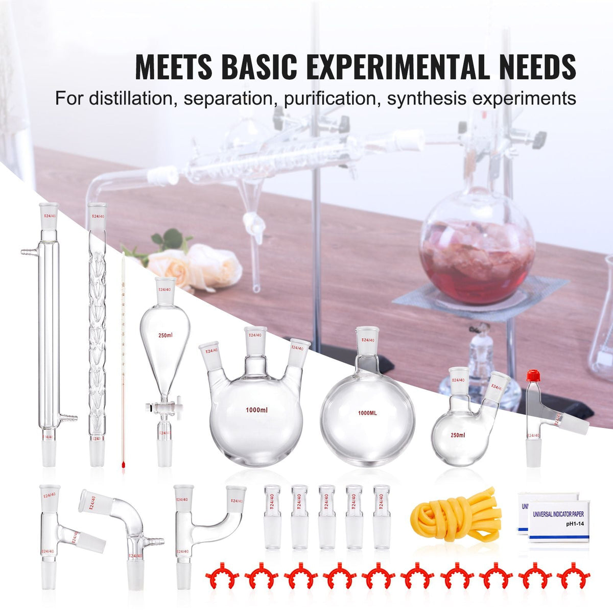Lab Distillation Kit, 3.3 Boro Lab Glassware Distillation Kit with 24, 40 Joint, 1000ml Essential Oil Distillation Apparatus Kit, 29 pcs Set of Glassware Equipment