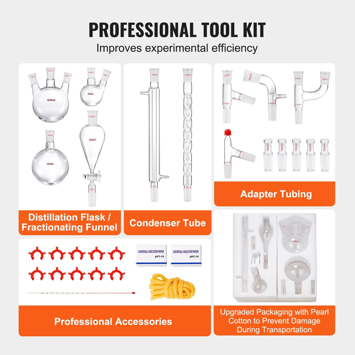 Lab Distillation Kit, 3.3 Boro Lab Glassware Distillation Kit with 24, 40 Joint, 1000ml Essential Oil Distillation Apparatus Kit, 29 pcs Set of Glassware Equipment