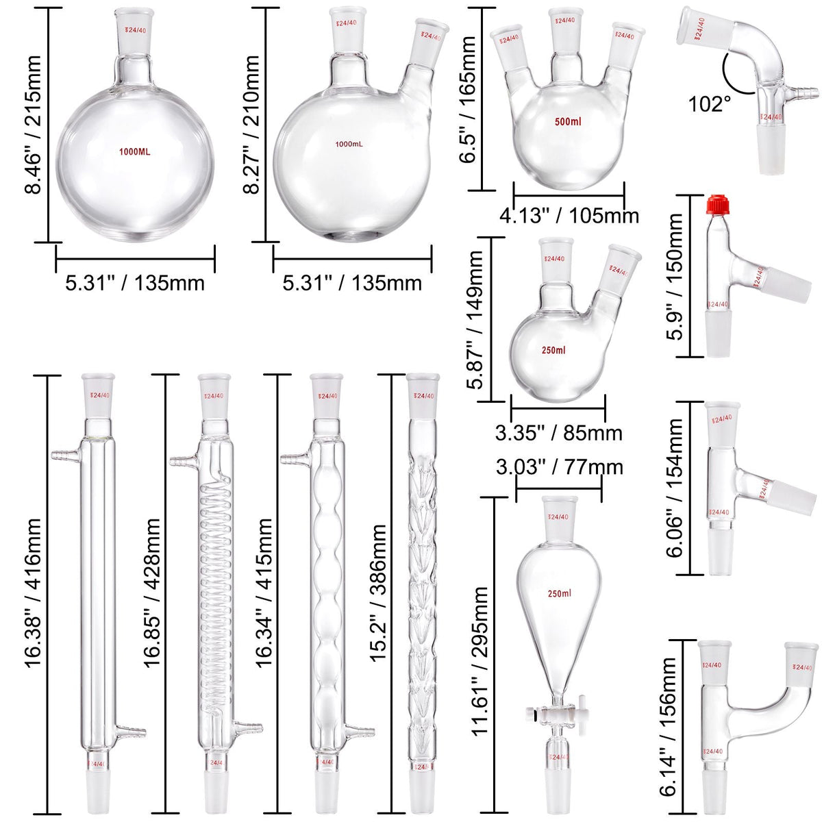 Lab Distillation Kit, 3.3 Boro Lab Glassware Distillation Kit with 24, 40 Joint, 1000ml Essential Oil Distillation Apparatus Kit, 32 pcs Set of Glassware Equipment