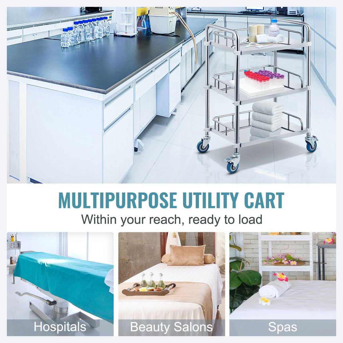 Lab Rolling Cart, 3-Shelf Stainless Steel Rolling Cart, Lab Serving Cart with Swivel Casters, Dental Utility Cart for Clinic, Lab, Hospital, Salon, 26.38"x15.55"x34.13"