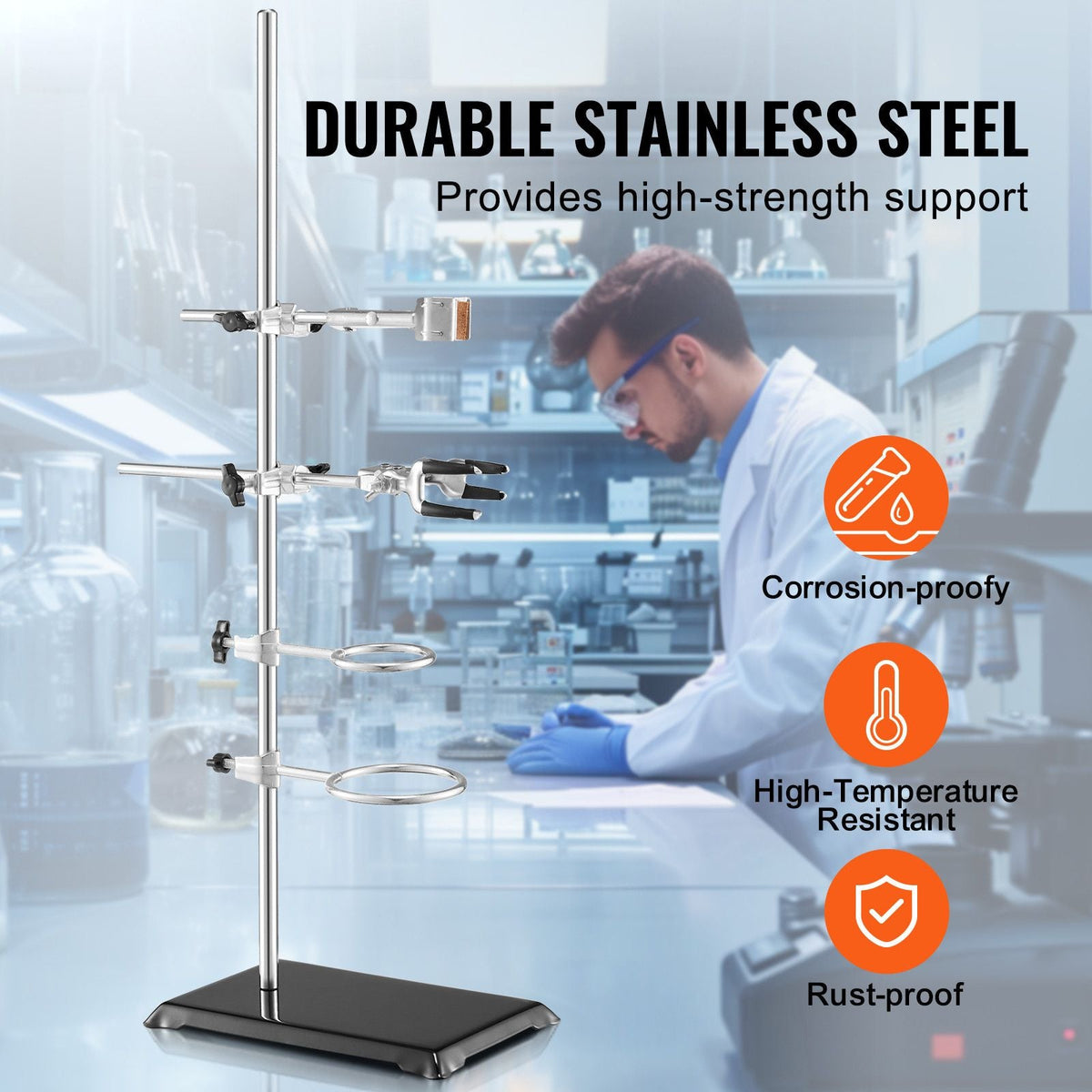 Lab Stand Support, Laboratory Retort Support Stand 2 Sets, Steel Lab Stand 23.6" Rod and 8.3" x 5.3" Cast Iron Base, Includes Flask Clamps, Burette Clamps and Cross Clamps