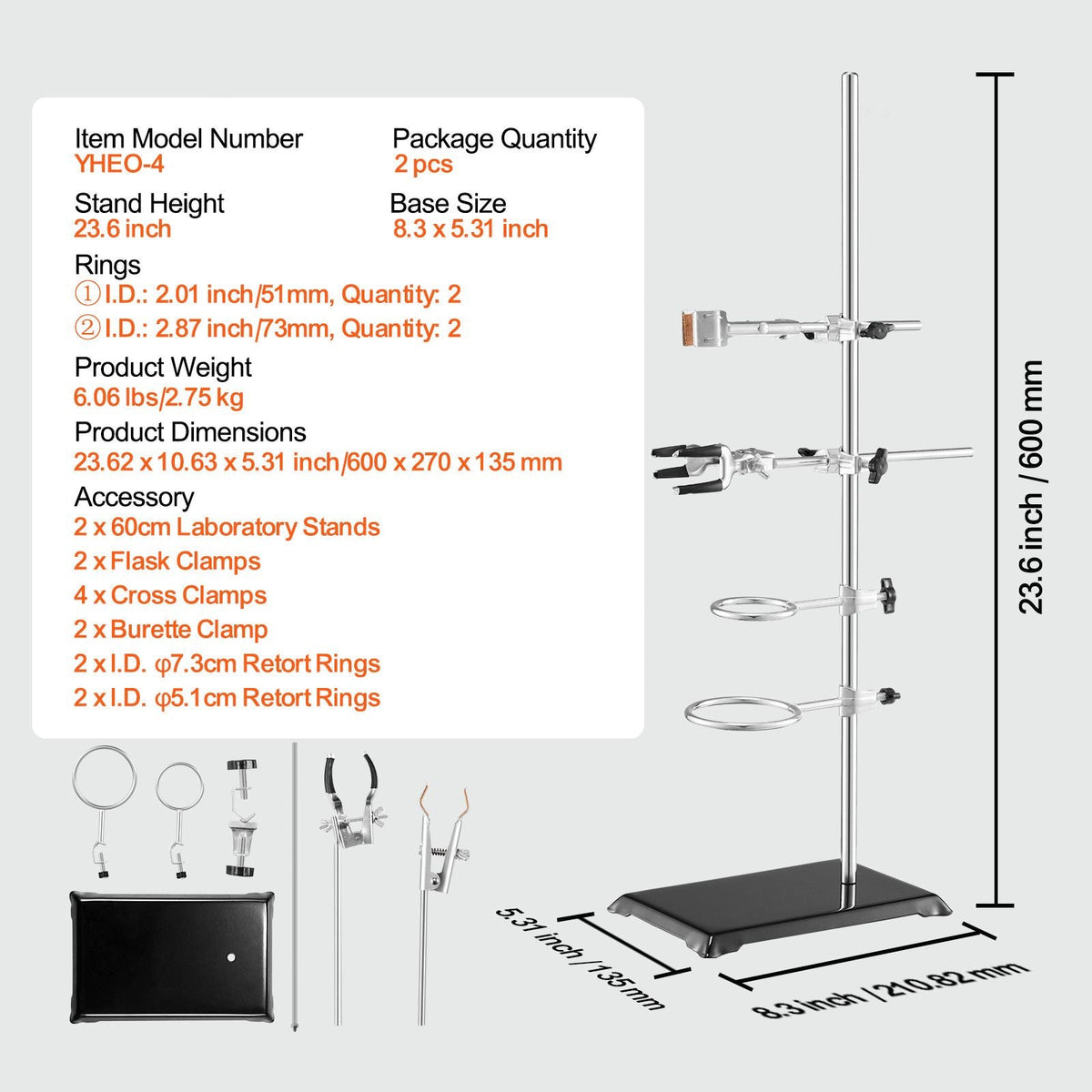 Lab Stand Support, Laboratory Retort Support Stand 2 Sets, Steel Lab Stand 23.6" Rod and 8.3" x 5.3" Cast Iron Base, Includes Flask Clamps, Burette Clamps and Cross Clamps