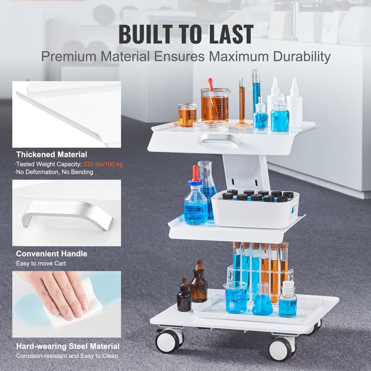 Lab Trolley, 3-Layer Rolling Lab Cart, Metal Mobile Trolley with Swivel Wheels, Tray Rolling Clinic Cart 220 lbs Weight Capacity, for Lab, Clinic, Beauty and Salon