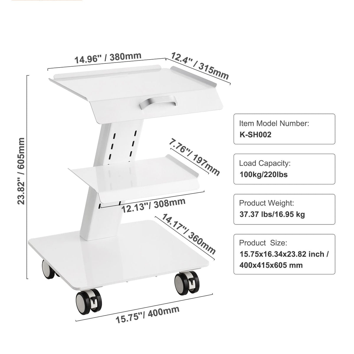 Lab Trolley, 3-Layer Rolling Lab Cart, Metal Mobile Trolley with Swivel Wheels, Tray Rolling Clinic Cart 220 lbs Weight Capacity, for Lab, Clinic, Beauty and Salon