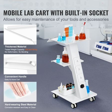 Lab Trolley, Rolling Lab Cart with Built-in Socket, 3-Layer Metal Mobile Trolley, Tray Rolling Clinic Cart with Swivel Wheels, 220 lbs Weight Capacity, for Lab, Clinic, Beauty and Salon