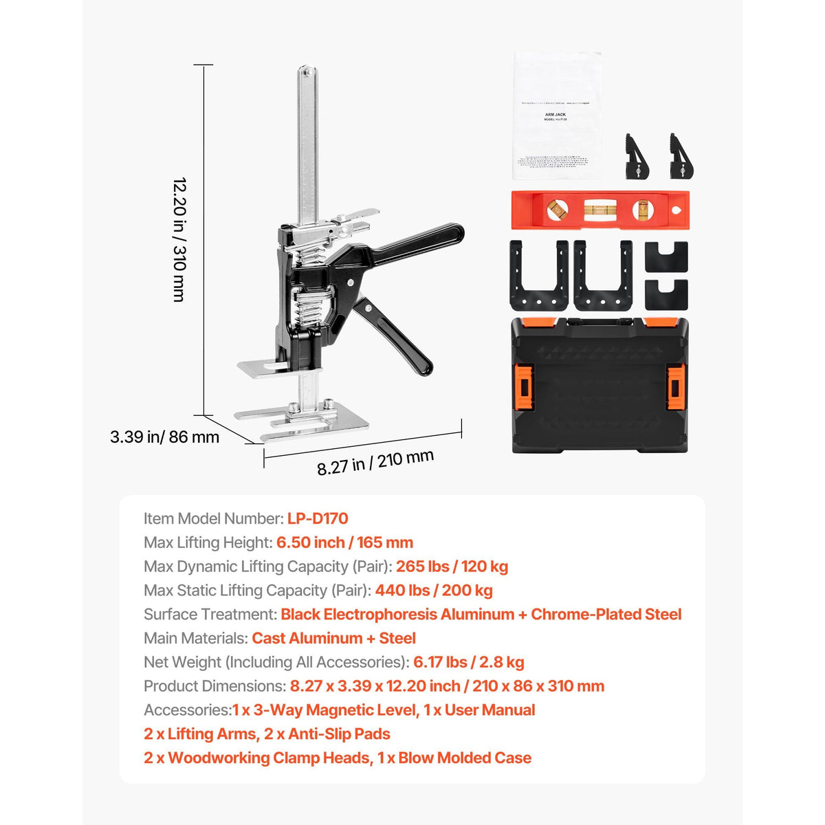 Labor Saving Arm Jack, 2 PCS 440 lbs Bearing Capacity, Lifting up to 6.5", Metal Hand Lifting Jack Tool with Magnetic Level, 2 Adjustment Modes, for Door, Window, Furniture, Woodworking, Black