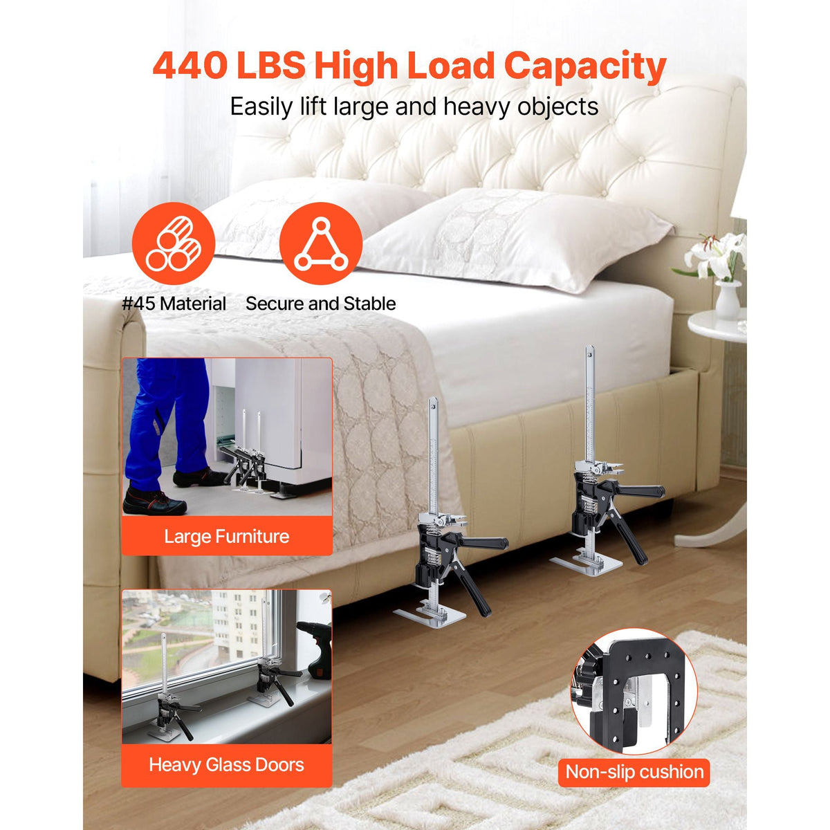 Labor Saving Arm Jack, 2 PCS 440 lbs Bearing Capacity, Lifting up to 9.3", Metal Hand Lifting Jack Tool with Magnetic Level, 2 Adjustment Modes, for Door, Window, Furniture, Woodworking, Black