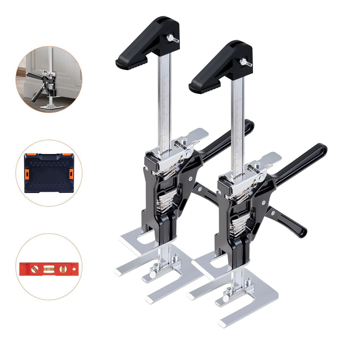 Labor Saving Arm Jack, 2 PCS 440 lbs Bearing Capacity, Lifting up to 9.3", Metal Hand Lifting Jack Tool with Magnetic Level, 2 Adjustment Modes, for Door, Window, Furniture, Woodworking, Black