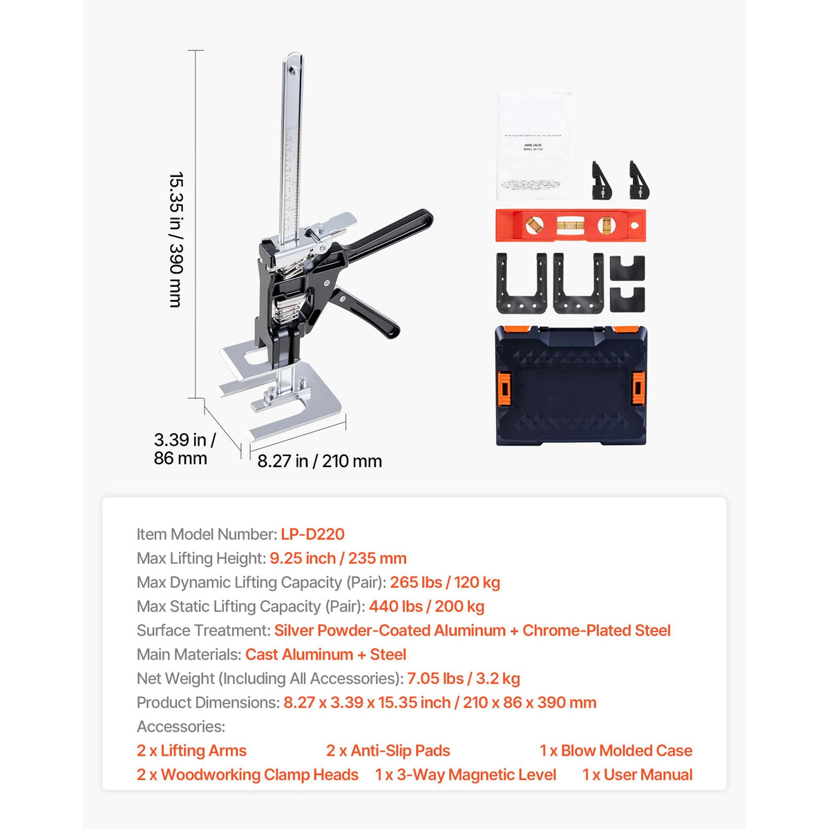 Labor Saving Arm Jack, 2 PCS 440 lbs Bearing Capacity, Lifting up to 9.3", Metal Hand Lifting Jack Tool with Magnetic Level, 2 Adjustment Modes, for Door, Window, Furniture, Woodworking, Black