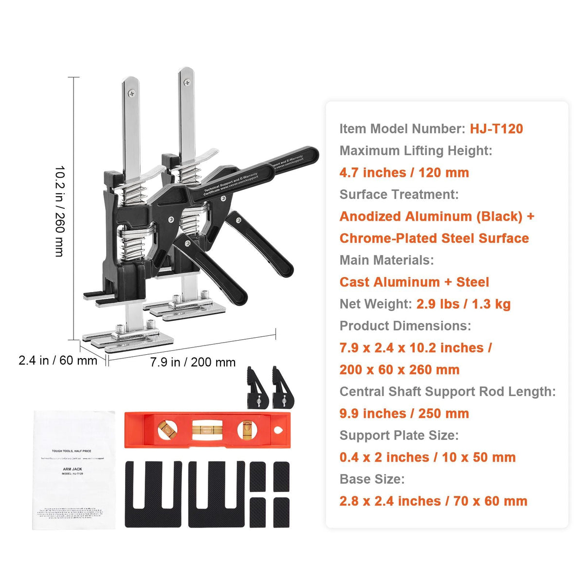 Labor Saving Arm Jack, 2 PCS Bearing Capacity 200 lbs, Lifting up to 4.7", Hand Lifting Jack Tool with Magnetic Level, Door Panel Lifting Cabinet Jack for Door, Window, Furniture, Woodworking