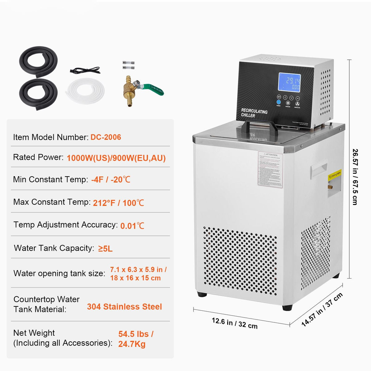 Laboratory Chiller Circulator, 6L Chiller Lab Low Temperature Cooling Liquid, -4 to 212 F Circulator Pump Chiller, LCD Display, 304 Stainless Steel Water Bath Recirculating Water Cooling Chiller