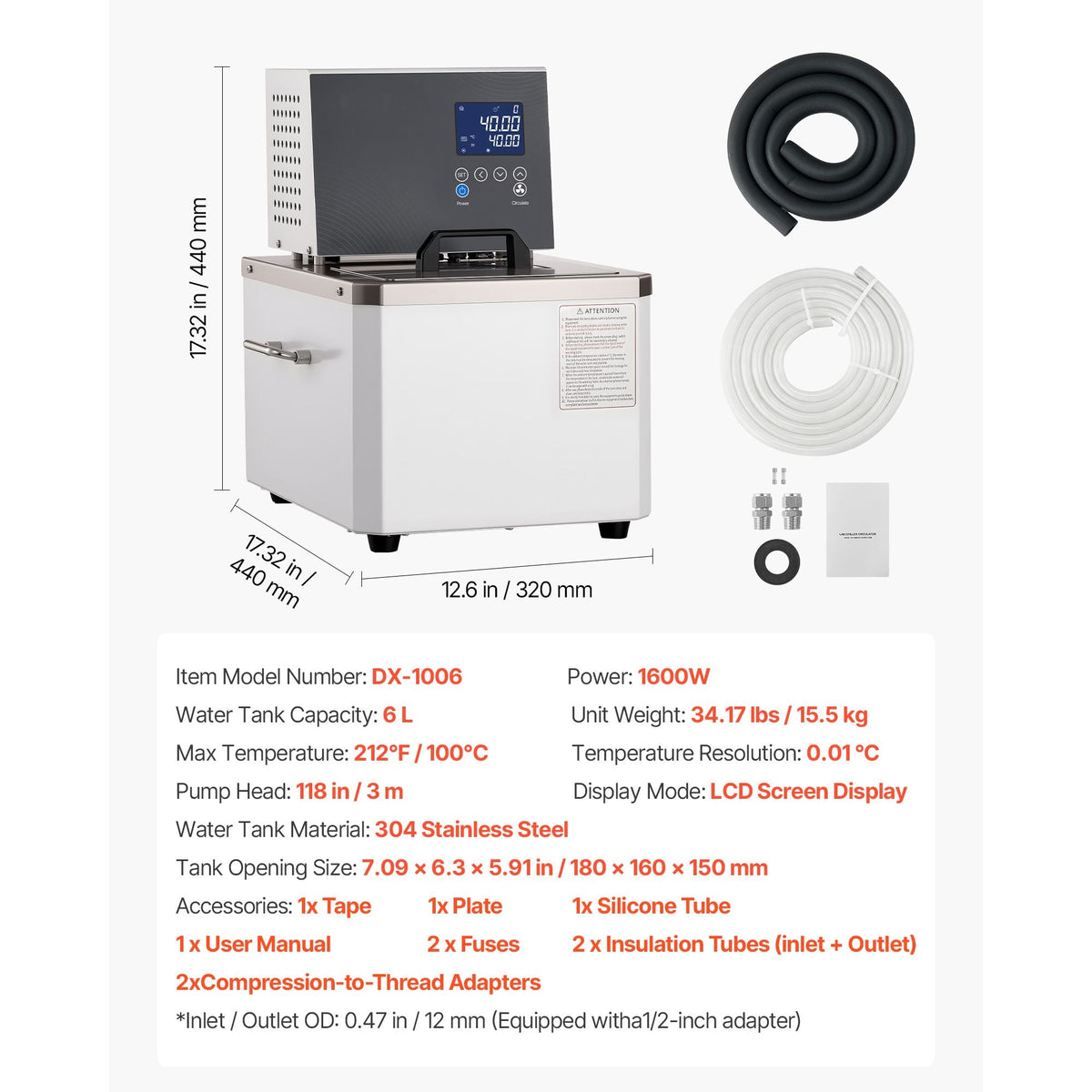 Laboratory High-Temperature Circulating Oil Bath, Up to 100 Celsius/212 Fahrenheit, 6 L Lab Constant Temp Heating Tank, 0.05 Celsius High Precision, Internal and External Dual Circulation