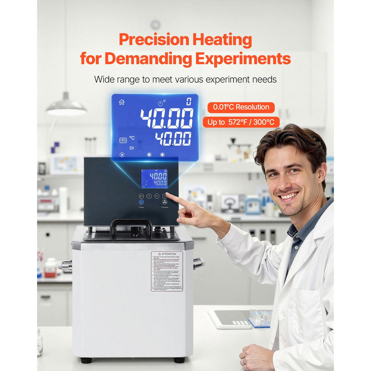 Laboratory High-Temperature Circulating Oil Bath, Up to 300 Celsius/572 Fahrenheit, 10 L Lab Constant Temp Heating Tank, 0.1 Celsius High Precision, Internal and External Dual Circulation
