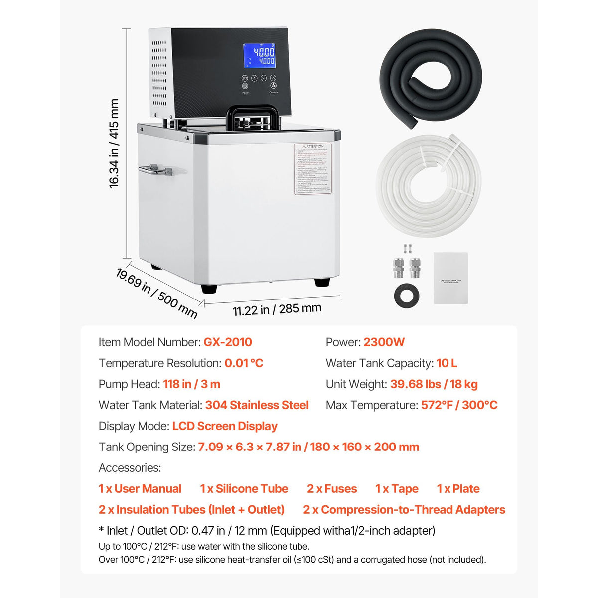 Laboratory High-Temperature Circulating Oil Bath, Up to 300 Celsius/572 Fahrenheit, 10 L Lab Constant Temp Heating Tank, 0.1 Celsius High Precision, Internal and External Dual Circulation