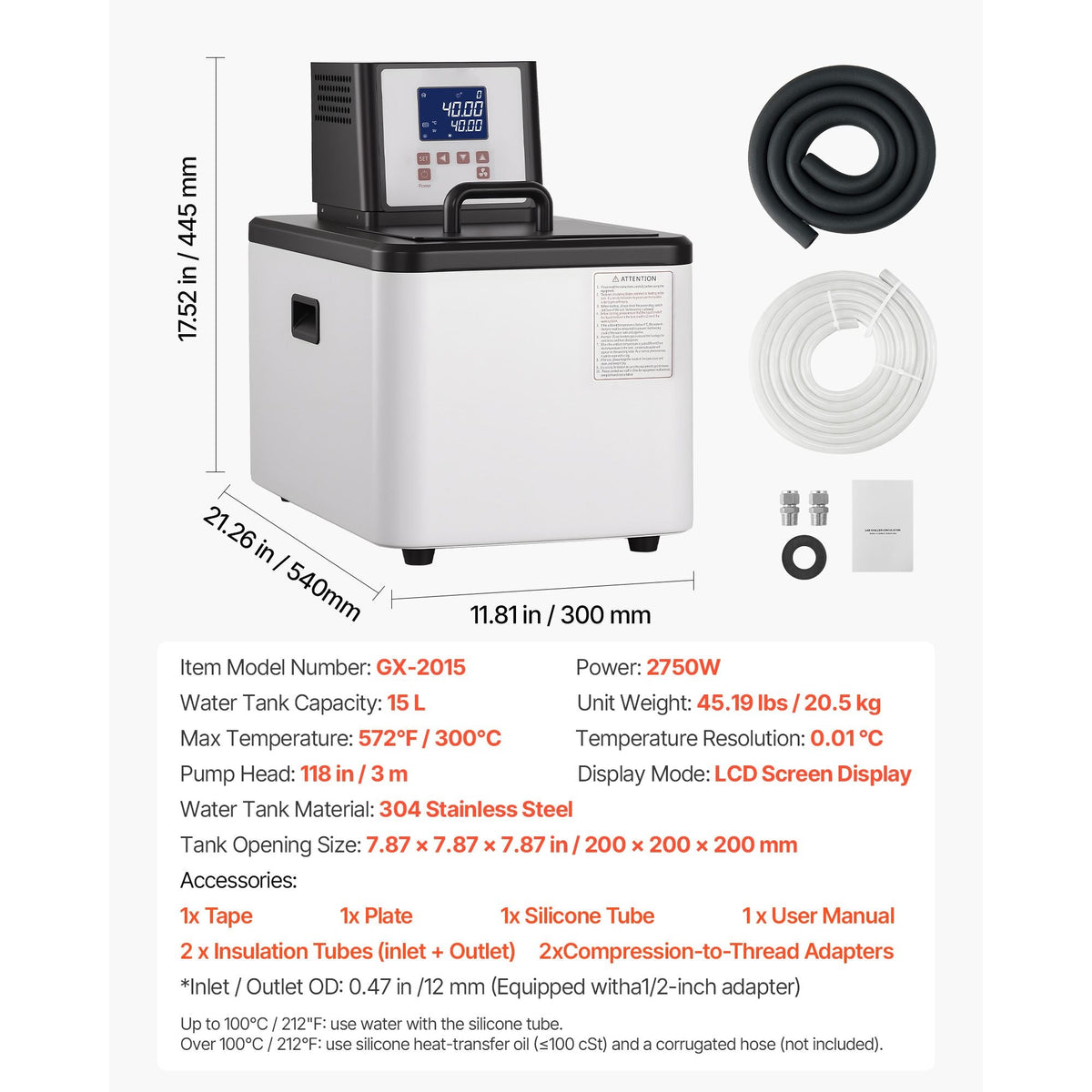 Laboratory High-Temperature Circulating Oil Bath, Up to 300 Celsius/572 Fahrenheit, 15 L Lab Constant Temp Heating Tank, 0.1 Celsius High Precision, Internal and External Dual Circulation