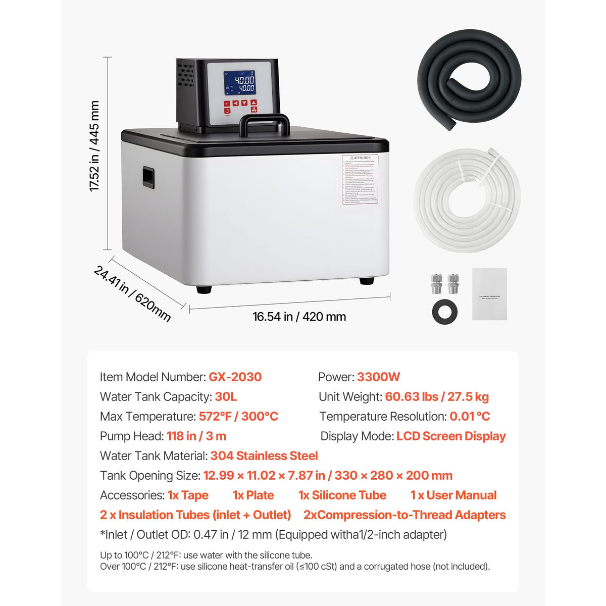 Laboratory High-Temperature Circulating Oil Bath, Up to 300 Celsius/572 Fahrenheit, 30 L Lab Constant Temperature Heating Tank, 0.1 Celsius High Precision, Internal and External Dual Circulation