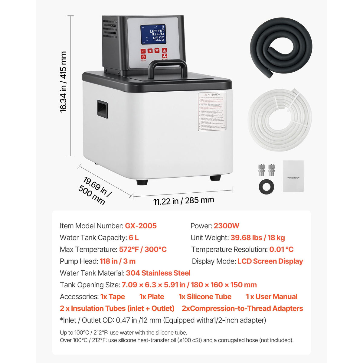 Laboratory High-Temperature Circulating Oil Bath, Up to 300 Celsius/572 Fahrenheit, 6 L Lab Constant Temp Heating Tank, 0.1 Celsius High Precision, Internal and External Dual Circulation