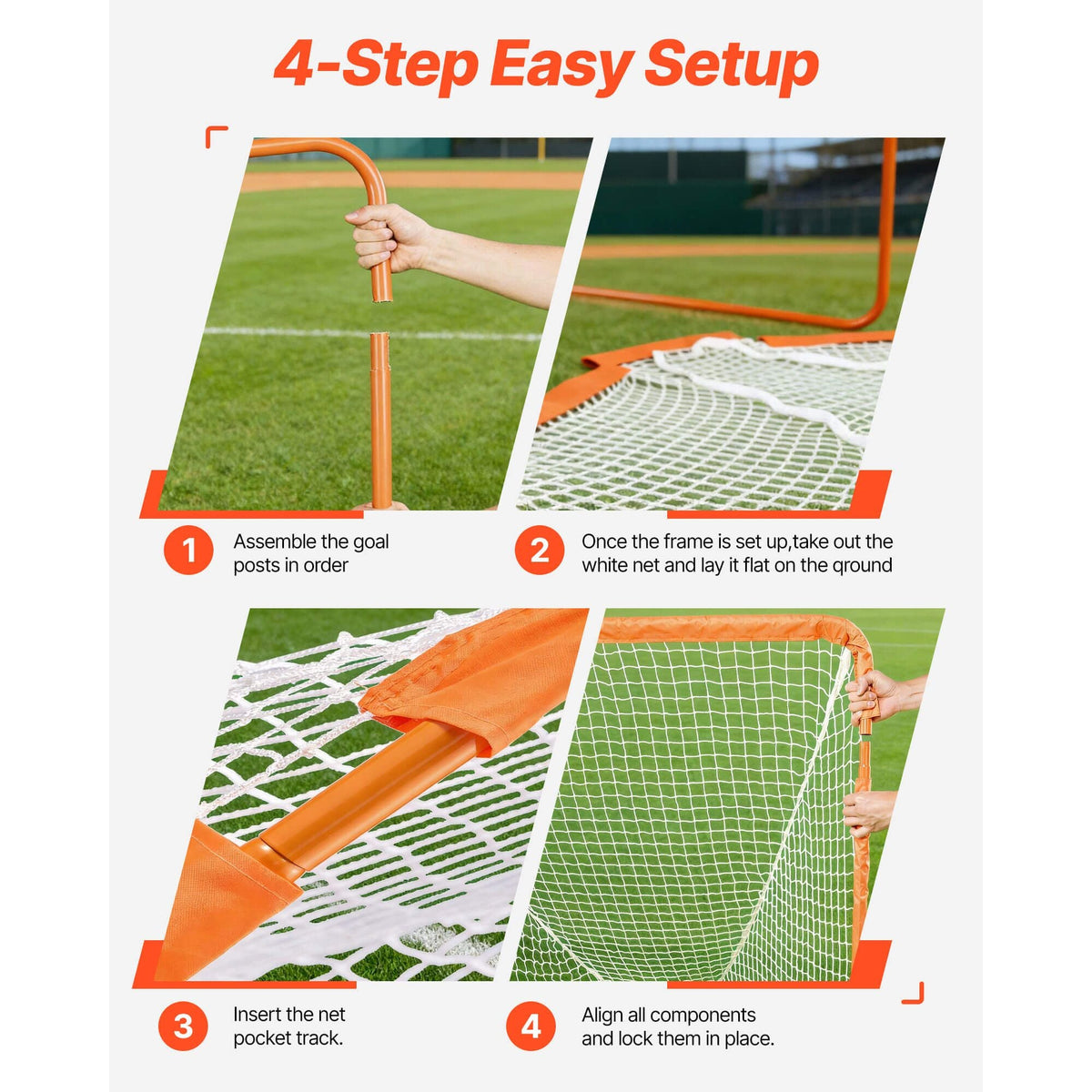 Lacrosse Goal, 4' x 4' Small Kids Lacrosse Net, Folding Portable Lacrosse Goal with Carry Bag, Iron Frame Backyard Training Equipment, Quick & Easy Setup, Perfect for Youth Training, Orange