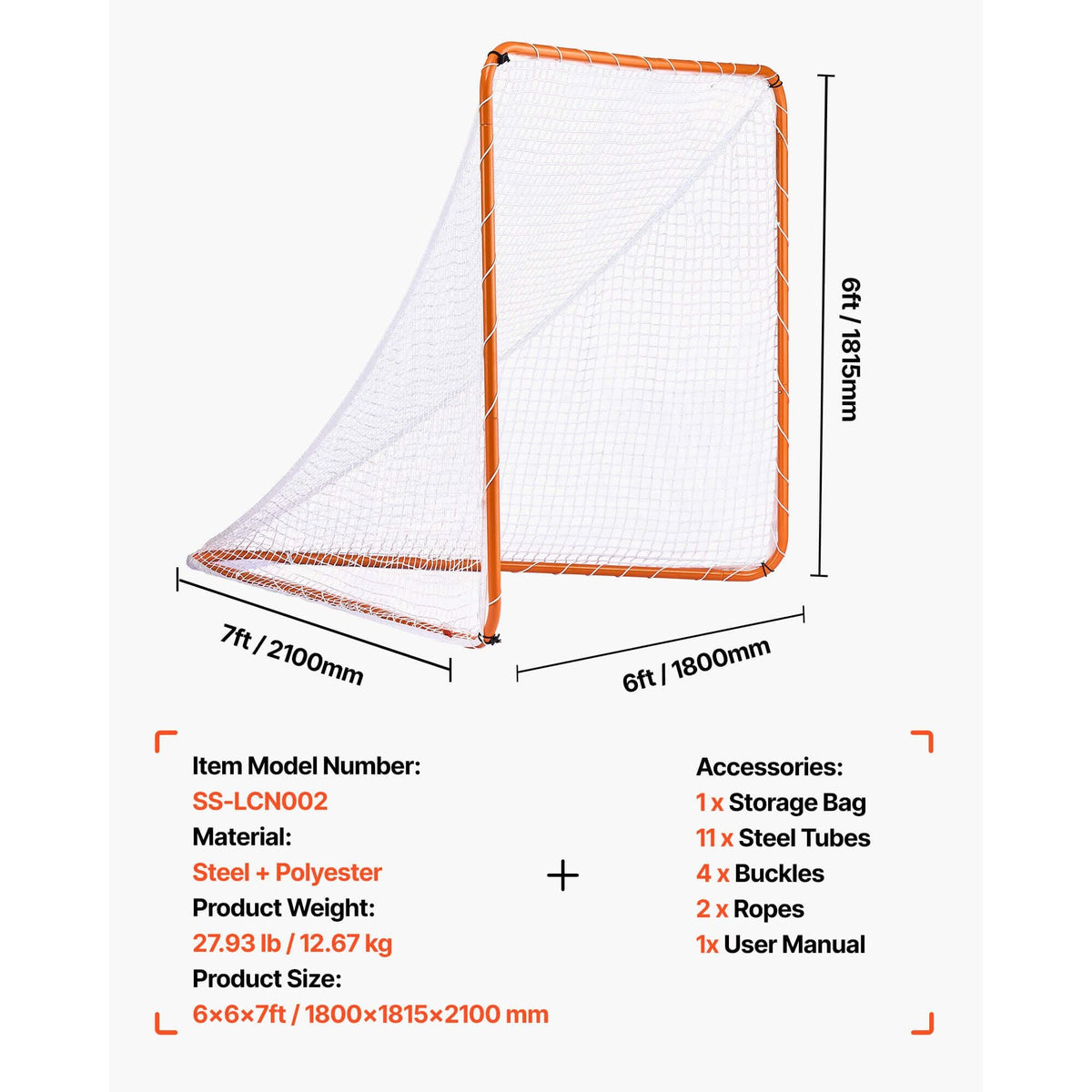 Lacrosse Goal, 6' x 6' Lacrosse Net, Steel Frame Backyard Lacrosse Training Equipment, Portable Lacrosse Goal with Carry Bag, Quick & Easy Setup, Perfect for Youth Adult Training, Orange