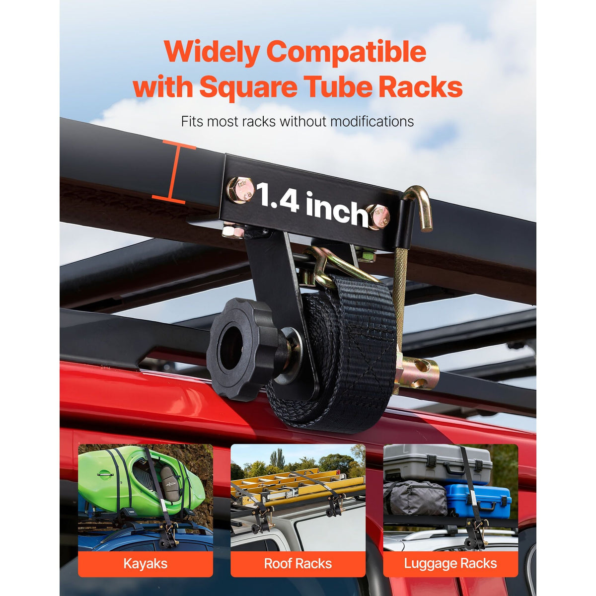 Ladder Rack Ratchet Straps, Black Square Tube Mount, 1.5 in Wide x 7.4 ft Long Black Ladder Rack Straps with Double J-Hooks, 500 lbs Load Heavy Duty, Cargo Buckle Lock Strap (8 Pack)