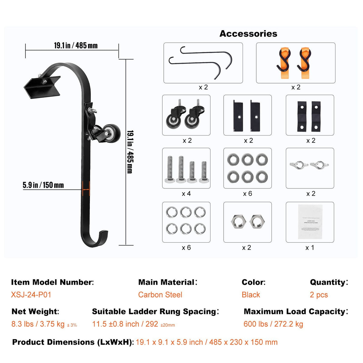 Ladder Roof Hook, 2 Pack with Fixed Wheel & Swivel Bar, Wheel Heavy Duty Steel Ladder Stabilizer, Roof Ridge Extension for Damage Prevention, 600 lbs Weight Rating, Easy to Access Steep Roofs