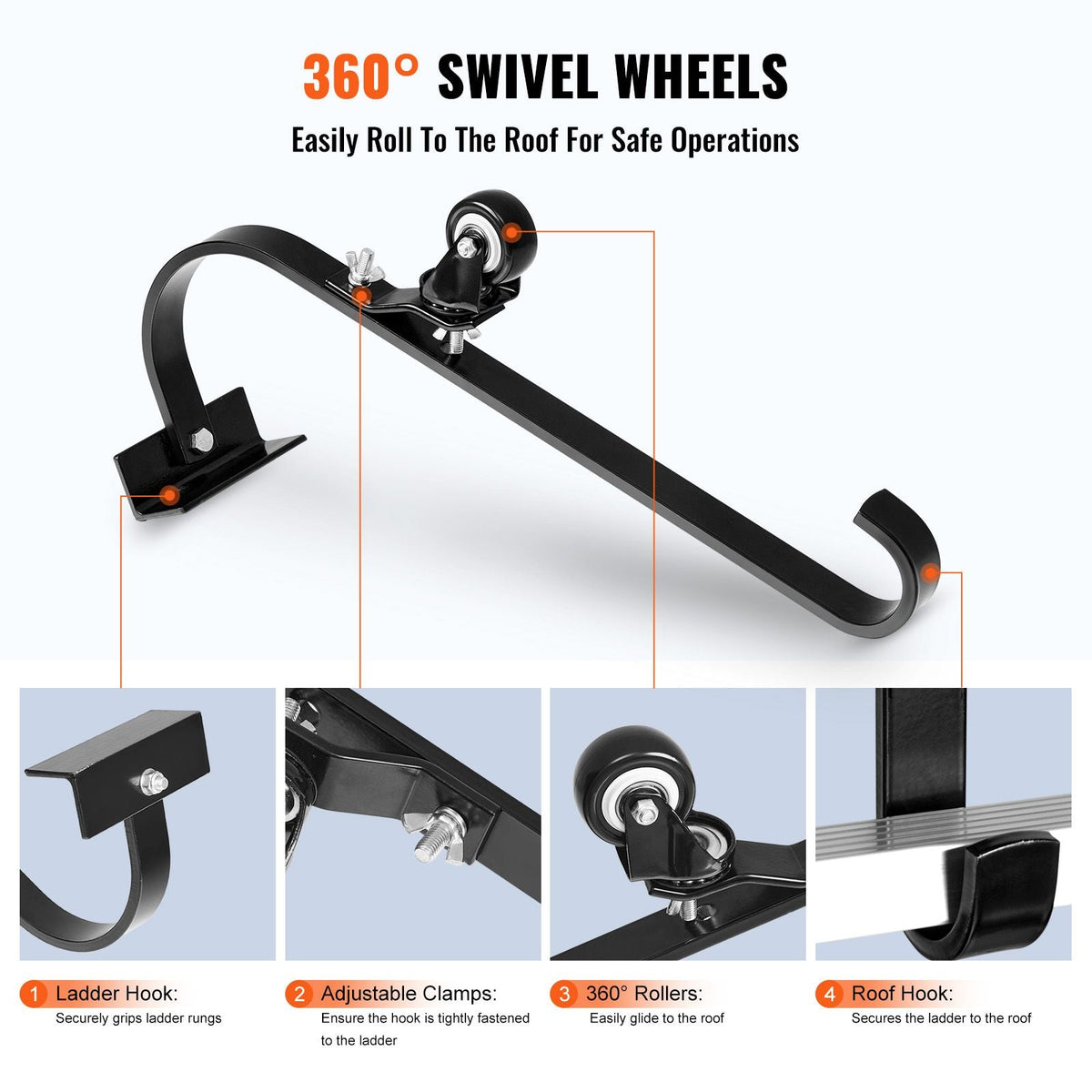 Ladder Roof Hook, 2 Pack with Fixed Wheel & Swivel Bar, Wheel Heavy Duty Steel Ladder Stabilizer, Roof Ridge Extension for Damage Prevention, 600 lbs Weight Rating, Easy to Access Steep Roofs