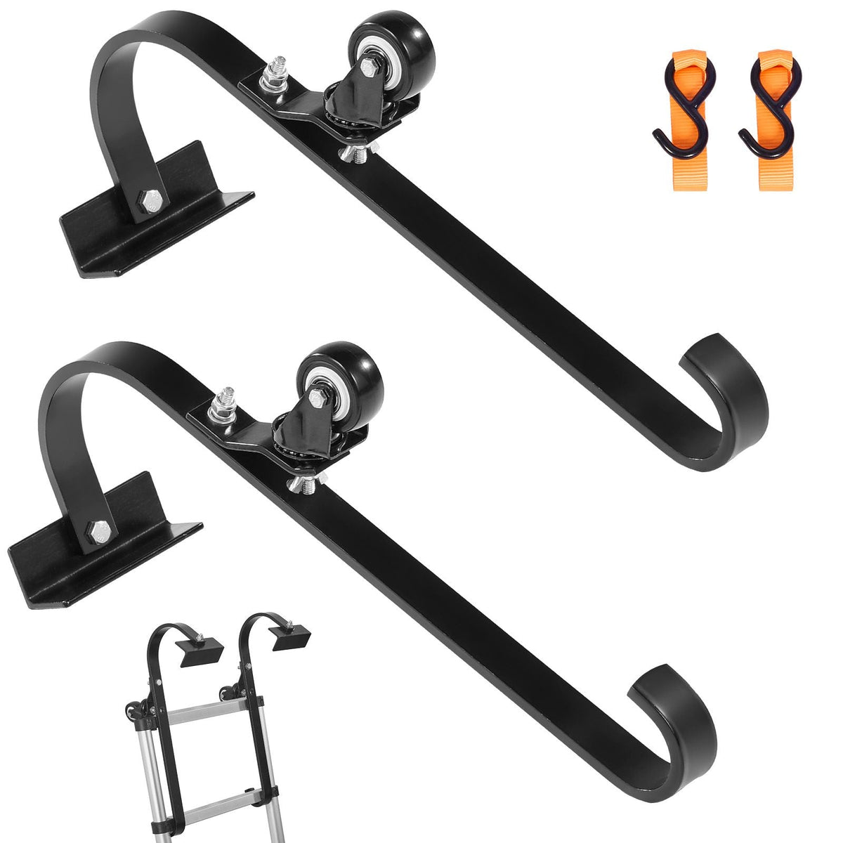 Ladder Roof Hook, 2 Pack with Fixed Wheel & Swivel Bar, Wheel Heavy Duty Steel Ladder Stabilizer, Roof Ridge Extension for Damage Prevention, 600 lbs Weight Rating, Easy to Access Steep Roofs