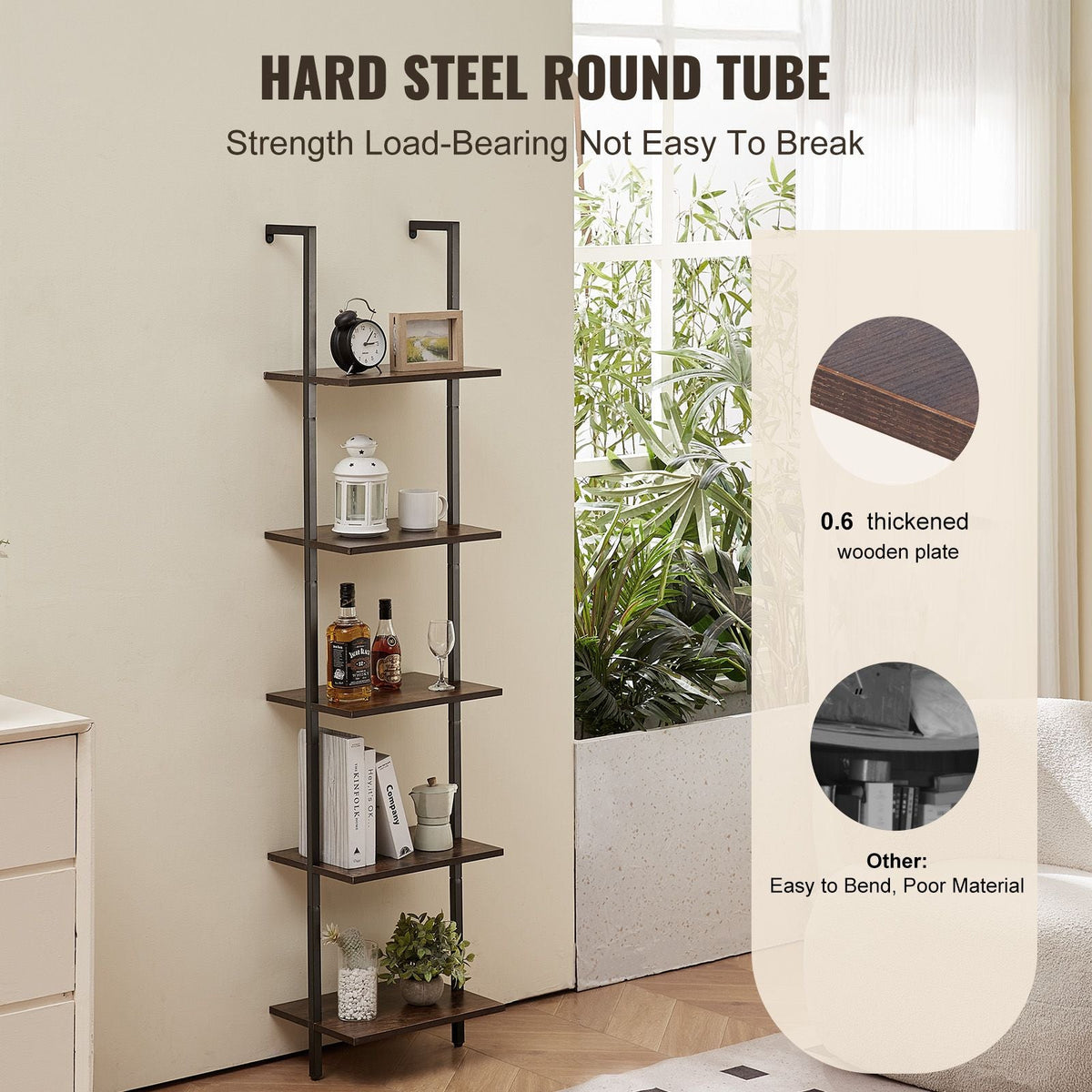 Ladder Shelf, 5-Tier Bookshelf 15.6x11.8in, Open Wall-Mounted Ladder Shelf with Metal Frame,Storage Rack Sundries Holder for Kitchen Bedroom Bathroom Living Room, Black